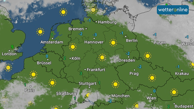 Wetterkarte Mitteleuropa mit Sonnensymbolen und Minusgraden.