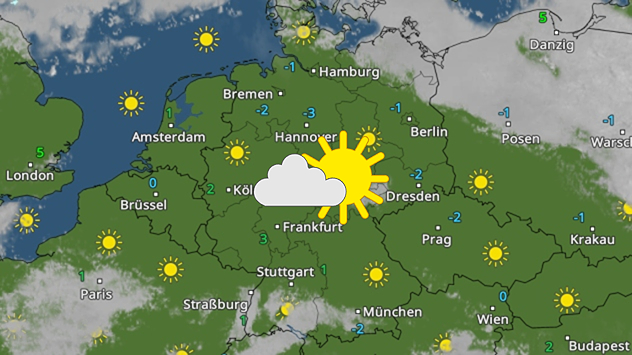 Wetterkarte Mitteleuropa mit Sonnensymbolen und Minusgraden.