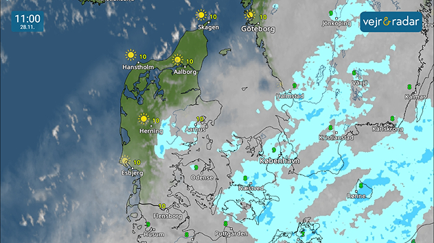 VejrRadaren viser flot solskin i vest, mens der i øst er gråt og regnfuldt.