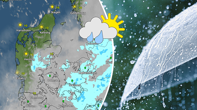 Splitbillede. Til højre viser VejrRadaren vejret fredag d. 28. november som en blanding af sol i vest og regn i øst. Til højre et billede af en paraply i regnen.