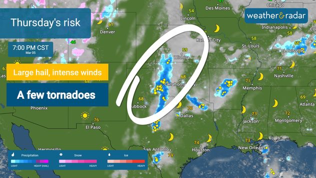 The strongest storms are expected across portions of Texas and Oklahoma.