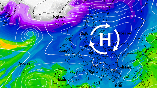 De weerkaart voor eind van de week tootn een omvangrijk hogedrukgebied boven de Baltische Staten, die ook bij ons voor rustig lenteweer met veel zon zorgt.