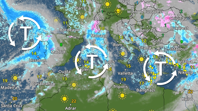Le radar météo montre la Méditerranée avec quelques précipitations. Trois zones de basse pression sont indiquées.