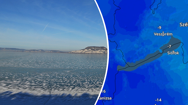 S lijeve strane, zaleđeno jezero prekriveno snijegom i ledom, s ravnim obalama u pozadini. S desne strane, temperaturna karta Mađarske koja prikazuje vrlo niske temperature ispod nule.