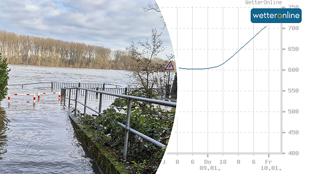 Wasserstand des Rheins in Köln. Die Hochwassermarke I bei 6,20 m wurde bereits überschritten.
