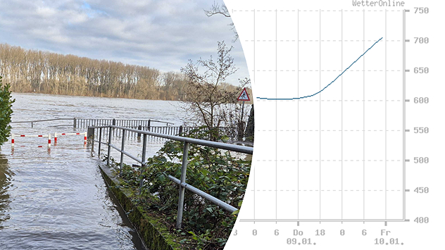 Wasserstand des Rheins in Köln. Die Hochwassermarke I bei 6,20 m wurde bereits überschritten.