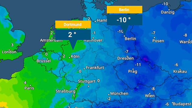 Temperaturkarte von Mitteleuropa mit Farbskala von grün bis dunkelblau. Sehr kalte Luft über Ostdeutschland bis Polen, milder im Westen.