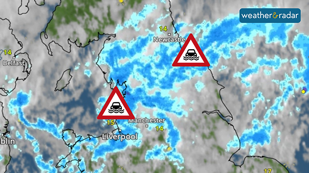 Weather radar map showing heavy rain across northern England around Liverpool, Manchester and Newcastle, with flood warning symbols highlighting areas at risk.