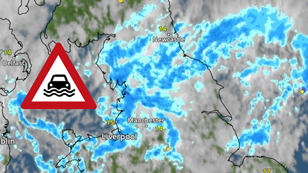 Weather radar map showing persistent heavy rain across northern England around Liverpool, Manchester and Newcastle, with a flood warning symbol highlighting the risk.
