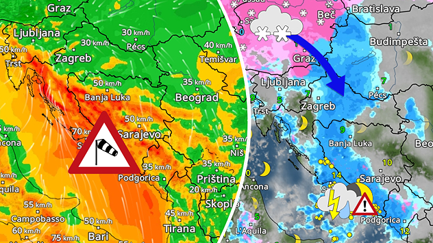 Olujno jugo, obilna kiša i snijeg