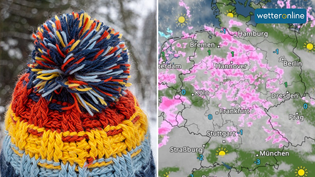 Wintermütze im Schnee neben Wetterkarte mit Schnee- und Glatteiswarnungen für Deutschland.