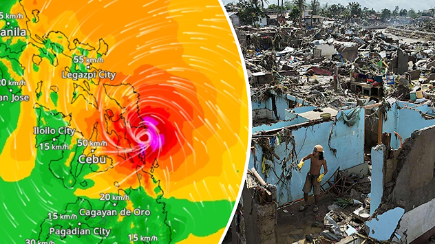 Wetterkarte eines Taifuns über den Philippinen und zerstörte Häuser nach dem Sturm.