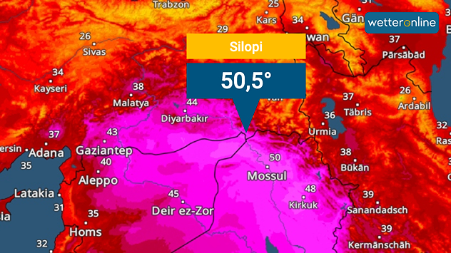 Temperatur-Rekord in der Türkei im Juli 2025: In der Stadt Silopi nahe der Grenze zum Irak zeigte das Thermometer 50,5 Grad an.
