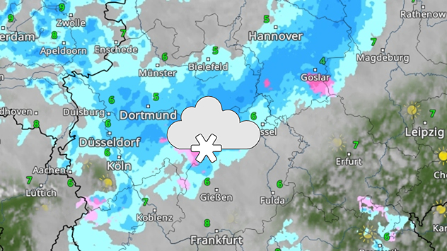 Wetterkarte mit Regen- und Schneefall über West- und Mitteldeutschland, besonders zwischen Köln und Kassel.