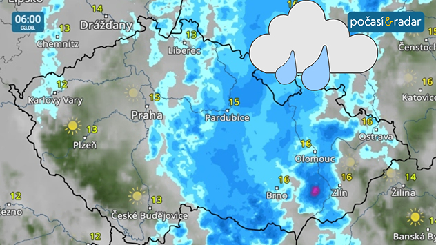 Meteoradar, screenshot, neděle 3. srpna 6:00: Velká oblačnost s častými srážkami nás bude provázet i během prvního srpnového víkendu. Vydatnější déšť zasáhne část území v souvislosti s přechodem frontální vlny.