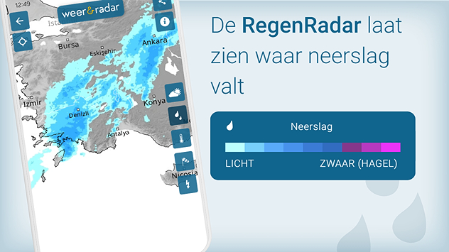Een kaart van de regenradar en de legenda van de regenradar van de Weer & Radar app. De regenradar laat zien waar er neerslag valt.