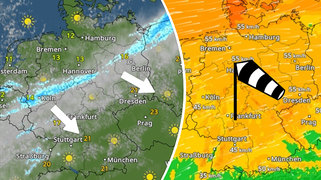 Eine schmale Wetterfront überquert heute Deutschland von Nordwest nach Südost.