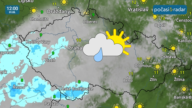 Meteoradar, screenshot, 1. 3. 12:00: V neděli bude přes Česko od západu přecházet slabá studená fronta – projeví se přechodným zvětšením oblačnosti, ojedinělým výskytem slabého deště a také mírným ochlazením.