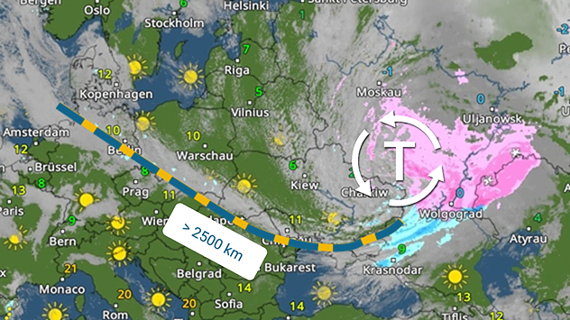 WetterRadar: Ein Wolkenband von einem Tief über Osteuropa geht etwa bis zur Nordsee.