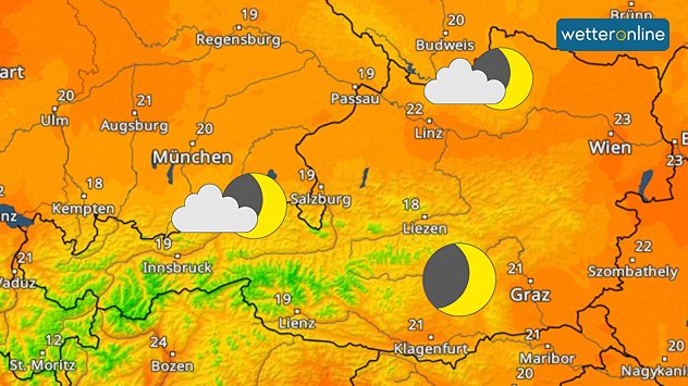 Temperaturkarte Österreich zeigt 18 bis 23 Grad
