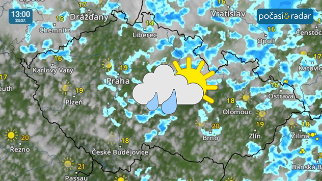 Meteoradar, screenshot, 23. 7. 13:00: Čtvrtek do Česka přinese počasí s převažující velkou oblačností, místy se přidají i slabé přeháňky. Bude také větrno a teploty se budou pohybovat jen kolem 20 °C.