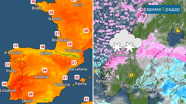 Температурна карта на запад и метеорологичен радар на север. Меки до топли температури над Иберийския полуостров. Сняг и студ в Скандинавия се забелязват ясно.