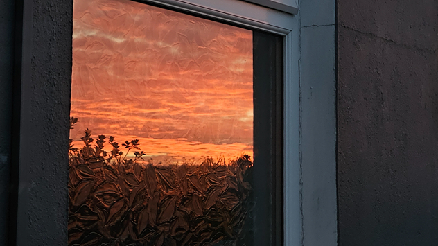 A vivid orange and red sunset is seen through a windowpane, with silhouetted plants visible against the glowing sky.
