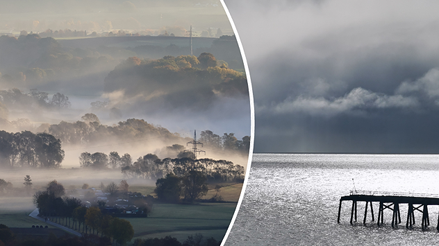 Split image showing two weather scenes — on the left, a misty rural landscape with fog among trees and fields at dawn; on the right, a dark seascape with heavy clouds and a pier jutting into the glimmering water.