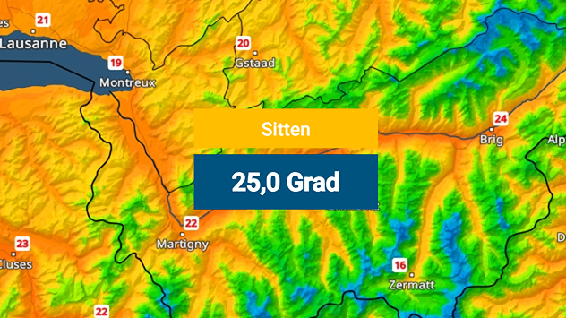 TemperaturRadar für das Wallis. In Sion ist eine TemperaturRadar von 25 Grad hervorgehoben.