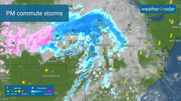 Afternoon commutes could be slowed by severe weather along the Mississippi Valley.