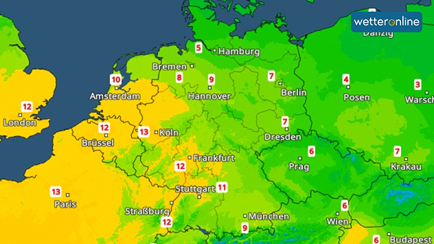 Im Westen wird es sogar 12 bis 14 Grad mild.