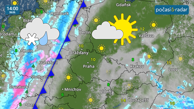 Meteoradar, screenshot, 28. 3. 14:00: Sobota přinese do Čech poměrně slunečné počasí, ale později odpoledne zde bude přibývat oblačnosti v souvislosti s blížící se slábnoucí studenou frontou od severozápadu. Na Moravě a ve Slezsku bude naopak po většinu dne panovat velká oblačnost.
