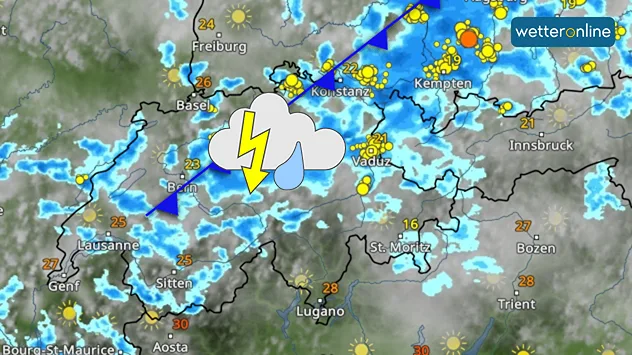 WetterRadar zeigt für die Schweiz Regengüsse und Gewitter