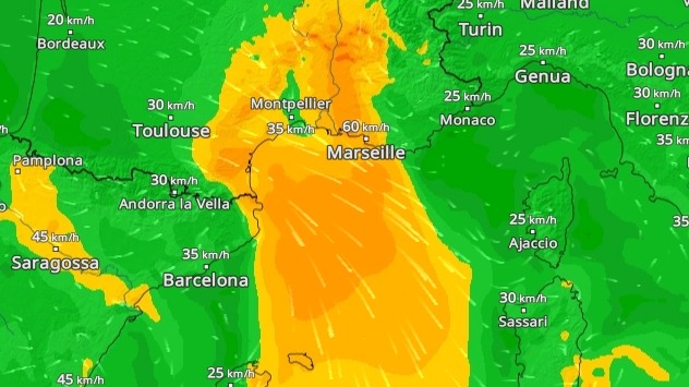 Windradar zeigt Mistral über Südfrankreich