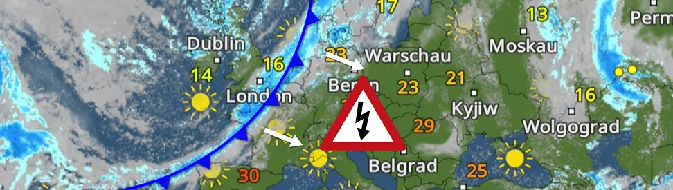 Europakarte mit Kaltfront von Skandinavien bis Spanien. In Süd- und Mitteleuropa sind Gewitter dargestellt.