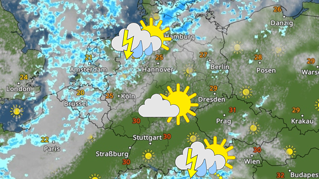 Wetterkarte für Deutschland mit Schauern und Gewittern im Nordwesten sowie an den Alpen, dazwischen und im Osten oft sonnig.