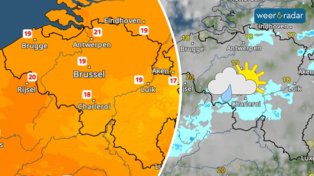 Deze afbeelding bevat twee plaatjes. Links de TemperatuurRadar voor zaterdag met 17 graden in de Ardennen tot 21 graden in Vlaanderen. Rechts een afbeelding van de WeerRadar voor dezelfde dag. Middenin staat een icoontje van een beetje zon, veel wolken en wat regen.
