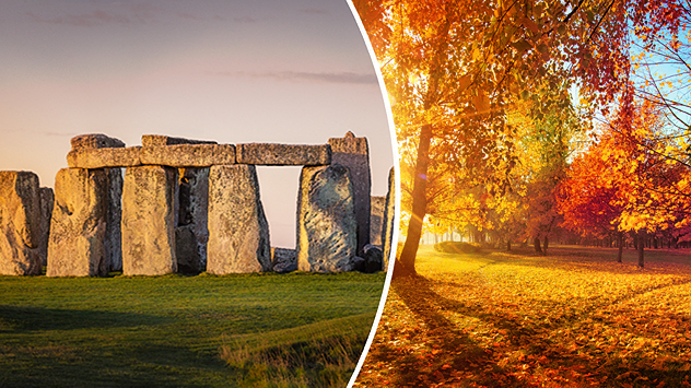Split image showing Stonehenge in warm sunlight beside a tree-lined park glowing with vivid orange, red, and golden autumn leaves.