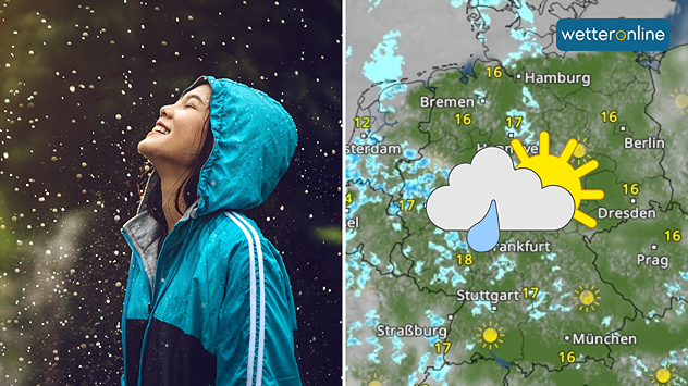 Geteilte Grafik: links eine Frau im Regen mit Kapuze, rechts eine WetterRadar-Karte von Deutschland mit Sonne-Wolken-Regen-Symbol.