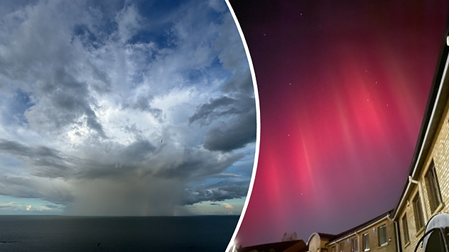 Split image showing a towering storm cloud with rain shafts over the sea on the left and a vivid red aurora illuminating the night sky above residential rooftops on the right, divided by a curved white line.