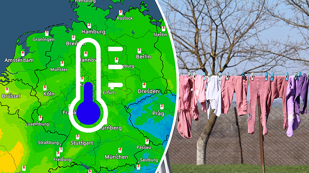 Links: Temperaturkarte mit verbreitet frostigen Werten um 0 °C – großer Temperaturanzeiger hebt die Kälte hervor. Rechts: Wäsche hängt im Freien auf der Leine – typische Szene für das Trocknen bei Kälte und Sonnenschein.