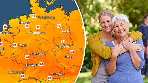 Bildcollage mit Temperaturkarte für Deutschland und zwei lächelnden Frauen im Park. Am Muttertag werden vielerorts milde bis warme Temperaturen erwartet.