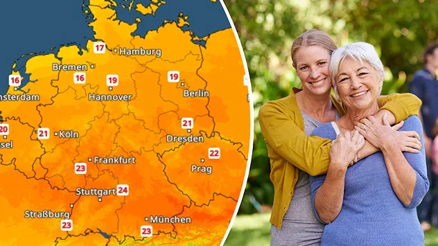 Bildcollage mit Temperaturkarte für Deutschland und zwei lächelnden Frauen im Park. Am Muttertag werden vielerorts milde bis warme Temperaturen erwartet.
