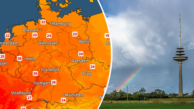 TemperaturRadar mit den Höchstwerten am Dienstag. Verbreitet werden 22 bis 26 Grad erreicht, am Oberrhein bis knapp 30 Grad.