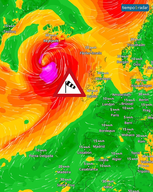 El WindRadar muestra una fuerte borrasca al suroeste de Islandia. Los colores rojo y violeta indican velocidades de viento extremas. Las flechas indican el sentido de rotación, y el símbolo de la manga de viento advierte de la tormenta.