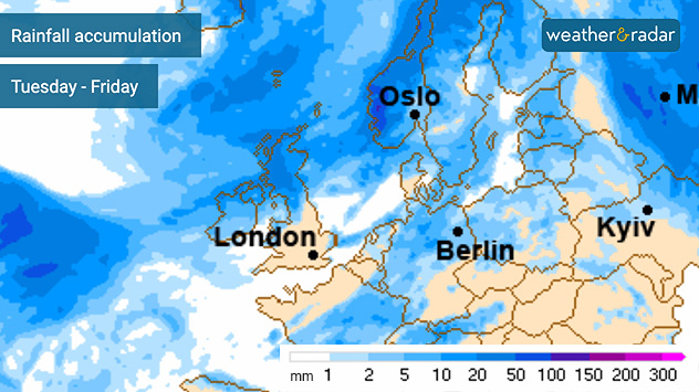 Rainfall accumulation forecast map for Europe from Tuesday to Friday showing the highest totals across the British Isles, Scandinavia, and parts of the North Atlantic in darker blue shades, with lower totals across much of central and southeastern Europe in lighter colours.