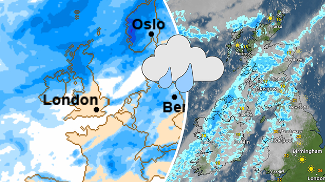 Split image showing a Europe rainfall accumulation forecast map on the left with the highest totals across the UK, Ireland, and Scandinavia, and a satellite weather map on the right with a broad band of rain stretching across Ireland, Scotland, and northern Britain, highlighted by a rain cloud icon.