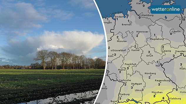 Karte zeigt maximale Sonnenstunden heute - Schauerwolke über Feld