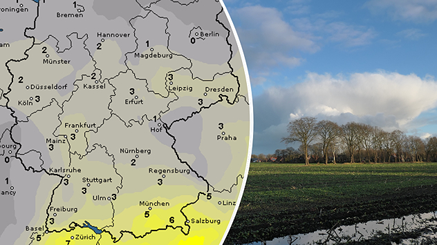 Karte zeigt maximale Sonnenstunden heute - Schauerwolke über Feld