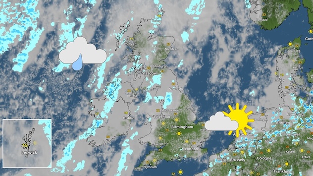 Weather map showing showers over Ireland and Scotland. Scattered cloud but mostly dry across England.